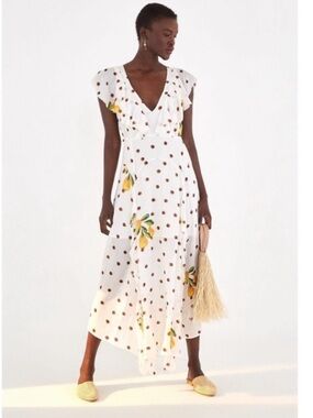 FARM RIO White Polka Dot Tropical Pear Lemon Ruffle Silk Flutter Midi Dress XS